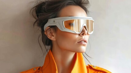 Naklejka premium A woman in futuristic glasses looks into the distance, embodying modern technology with style.