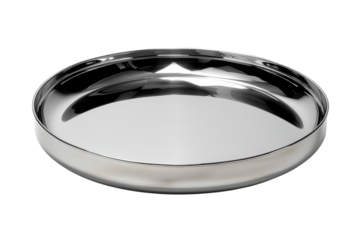 Shiny stainless steel tray reflecting light beautifully against a minimalistic background isolated on transparent background