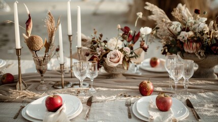Fototapeta premium Elegant interior table setting decorative accessories soft lighting