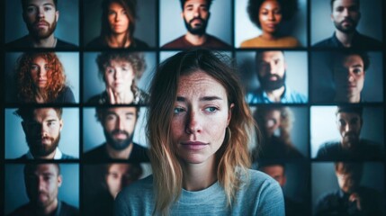 Thoughtful young woman with various faces blurred behind her, representing diverse emotions.