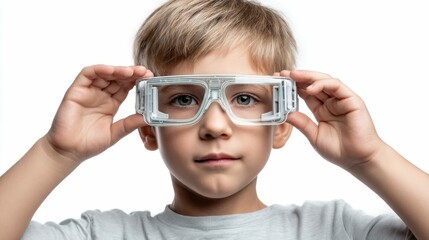 A young boy holds up a pair of futuristic-looking glasses, gazing directly at the viewer with curiosity. The clear frame contrasts against his skin.