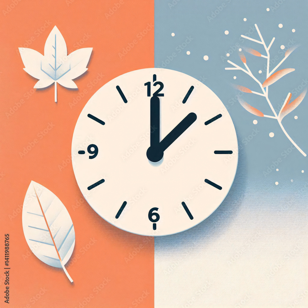 Poster clean minimalist representation of time going backward as seasons shift from fall foliage to winter 