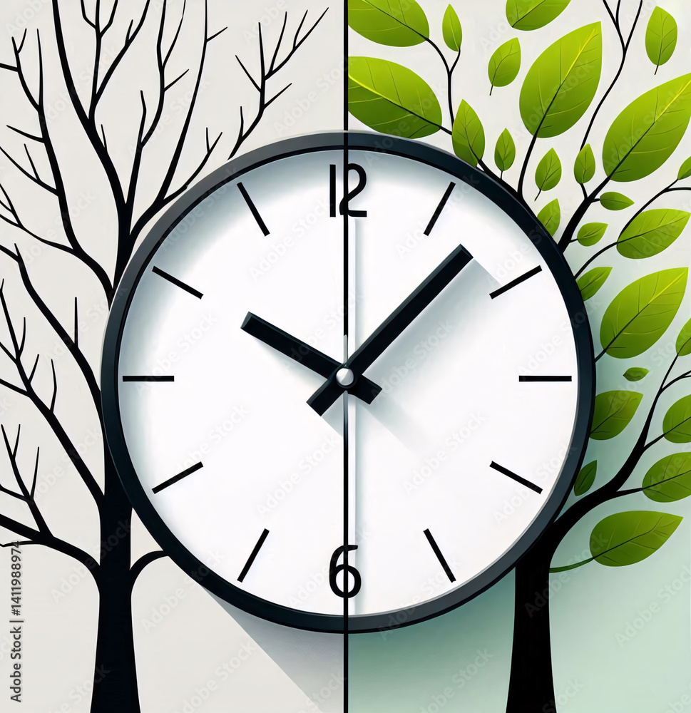 Poster Minimalist spring daylight saving time change with clean clock face and symbolic seasonal transition in split background