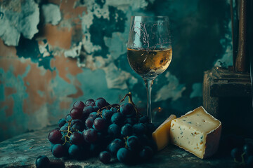 photo with a glass of wine filled with grapes and cheese lying nearby, vintage style