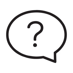 A black and white illustration of a speech bubble with a question mark inside it.