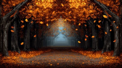 Fototapeta premium Autumnal pathway through a vibrant forest archway, leaves falling