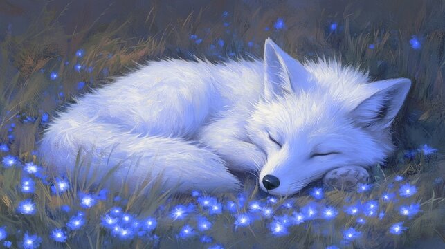 Peaceful white fox nestled among glowing blue flowers.
