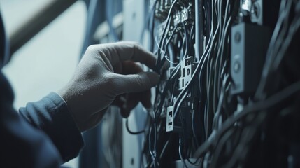 An electrician connecting wires in an electrical panel. Featuring attention to detail and expertise