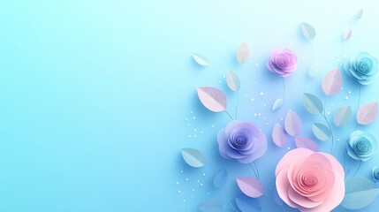 Abstract 3D rendering of paper roses and leaves in purple and blue pastels, floral composition including a background banner for Valentine's Day, Mother's Day, or International Women's Day greeting ca