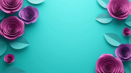 Floral composition of paper roses and leaves in pastel purple and blue, 3D rendering illustration with a background banner for Valentine's Day, Mother's Day, or International Women's Day greeting card