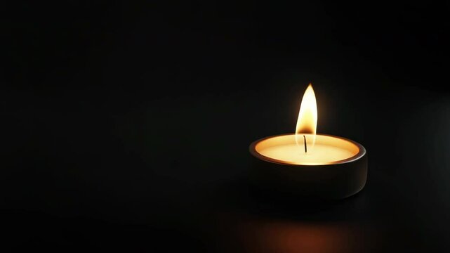 Glowing candle light. Remembrance concept, spirituality, calm. Memorial service. Burning candles. Memory day. Black dark background. Flame symbolizing tribute to dead and fallen.