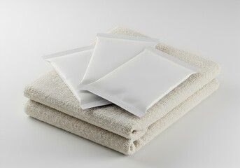 Three sachets on folded beige towels