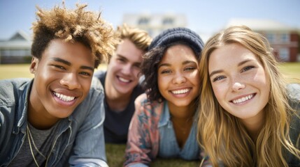 Obraz premium A diverse group of young friends smiles broadly at the camera, enjoying a sunny day on the grass together. The scene evokes happiness.