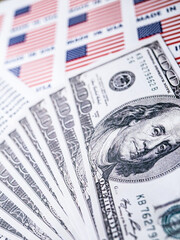 Words Tariffs Seamless print on paper with MADE IN USA Lable and Dollar Bill for trading export...