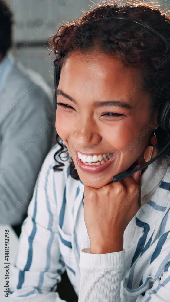 Poster call center, headset and businesswoman in office for communication, contact or crm networking. tech 