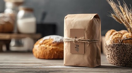 Bakery packaging mockup featuring a bag of bread and freshly baked loaves on a rustic table