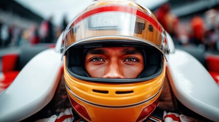 A close-up view of a race car driver in a helmet, focused on the determined expression in his eyes, ready to compete.