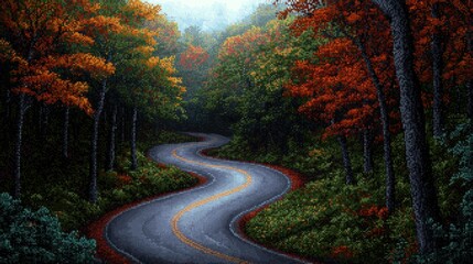 Obraz premium Autumn Winding Road Through Misty Forest
