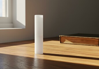 Fototapeta premium Minimal white lipstick on sunlit wooden floor