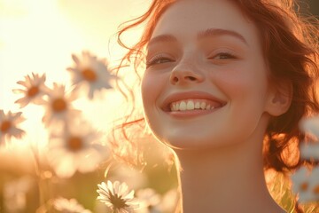 Fototapeta premium Radiant woman's smile amongst wildflowers in golden light.