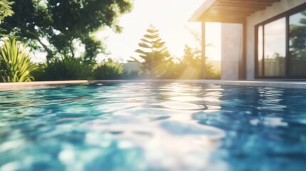 Fototapeta premium A tranquil home garden pool under natural sunlight, soft surroundings blurring into serenity. Peaceful outdoor retreat. 