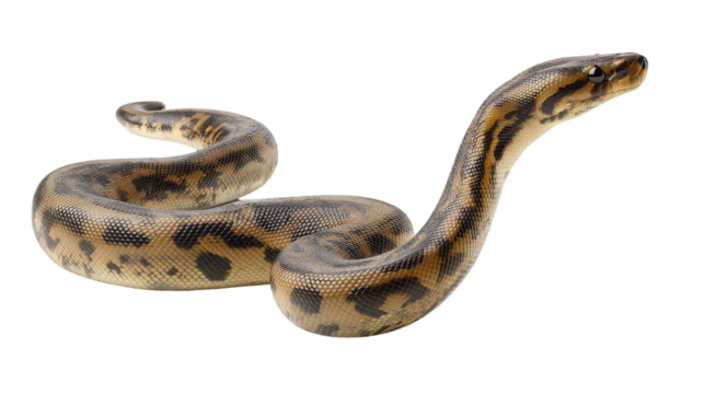 Detailed python displaying rearing S-shape with intricate patterns and striking coloration