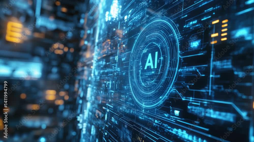 Poster futuristic ai interface with glowing cyber elements, symbolizing artificial intelligence, deep learn
