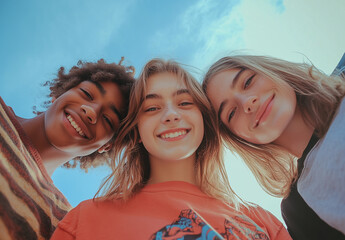 Obraz premium Three happy friends looking up at the camera under a bright blue sky