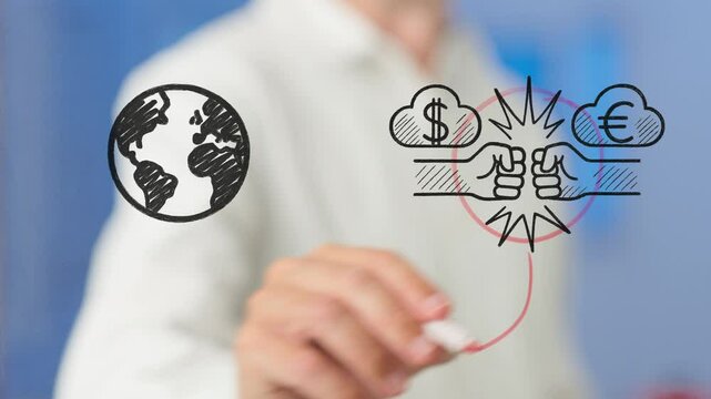 Economic tensions visualized through businessman drawing interconnected world map, symbolizing complex dynamics of international trade conflicts between dollar and euro currencies