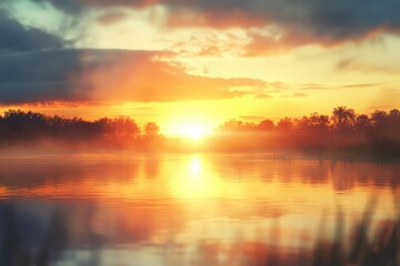 Obraz premium Golden sunset over a misty lake and forest.
