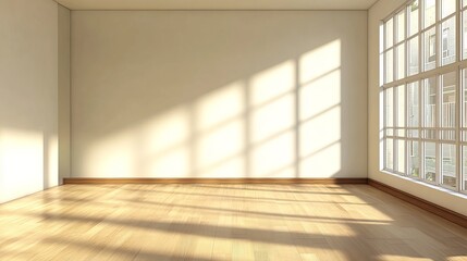 Empty modern room with large window sunlight wooden floor day home wall rays pane view city calm airy