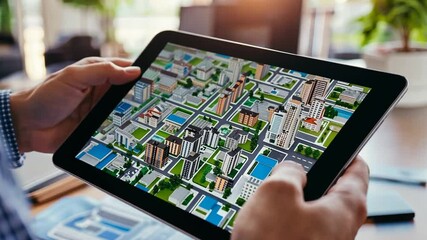 Man interacts with a digital city map on a tablet, exploring urban planning and real estate possibilities - Powered by Adobe