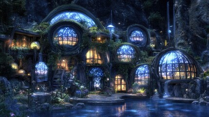 Obraz premium Enchanted, bioluminescent dwelling nestled amidst a mystical forest.
