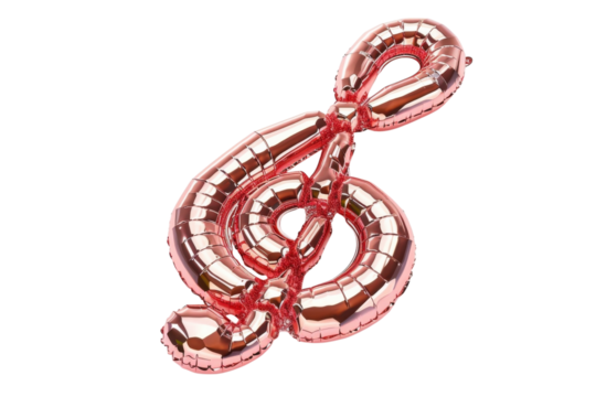 Shiny rose gold musical note balloon floating against a clean white backdrop isolated on transparent background