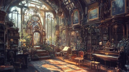 A sun-drenched gothic library filled with antique furnishings.