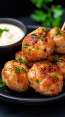 Plate of golden-brown keftedes served with a creamy dipping sauce on the side. The crispy, flavorful meatballs are seasoned with a blend of spices and herbs, perfect for a comforting meal. Concept of 