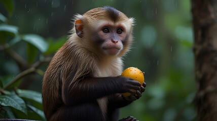 "A capuchin monkey holds a wet fruit, sitting pensively on a rain-soaked branch."