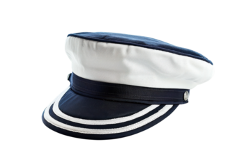 A distinguished navy and white captain's hat resting elegantly on a white surface in soft light isolated on transparent background