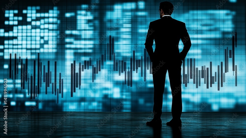 Poster silhouette of a businessman reviewing data on a large screen displaying financial charts and graphs.
