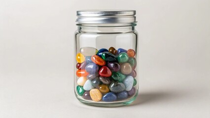 This image showcases a clear glass jar tightly packed with a diverse collection of smooth, colorful stones, including white, yellow, orange, red, blue, green, and brown hues, sealed with a silver lid