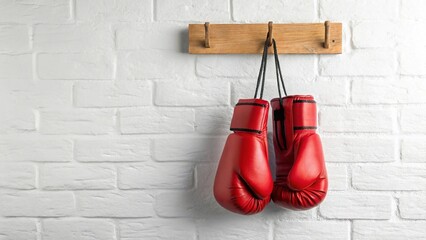 This image features a set of red leather boxing gloves suspended by their black laces from a wooden holder against a clean white wooden background with vertical grooves