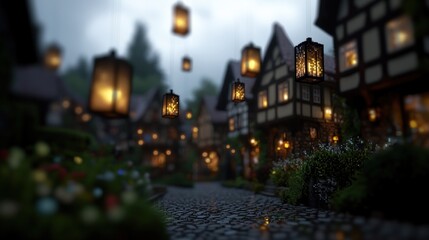 Fototapeta premium Medieval town street at night with hanging lanterns, rain, and fog in background