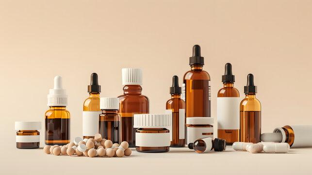 Medical ampules and bottles with various medicines on beige background for healthcare concepts