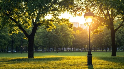 Park sunset scene with lamp post