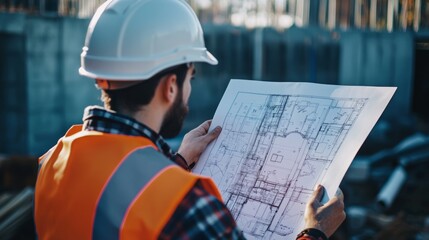 Construction worker examining blueprints at an active site. Featuring focus and professionalism