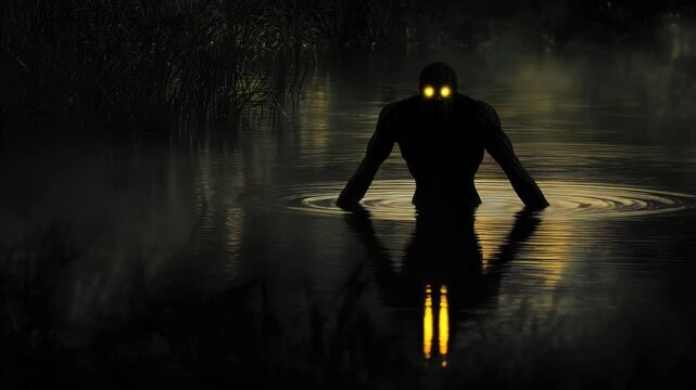 Mysterious creature lurks in dark foggy pond, glowing yellow eyes piercing through gloom. Suspense and fear. Eerie atmosphere. Horror and supernatural. Chilling folklore urban legends. Swamp Monster.