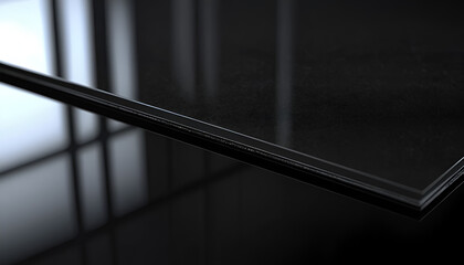 High-gloss black surface, reflecting light, sleek design