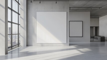 Fototapeta premium Modern minimalist loft apartment interior design with large blank canvas and city view grey wall room