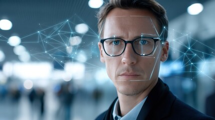 A focused man with glasses appears against a blurred background, with digital overlays suggesting technology, data, or facial recognition.
