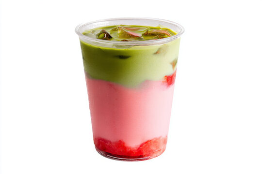 Refreshing matcha strawberry latte drink in plastic cup isolated on white background, colorful layered beverage concept